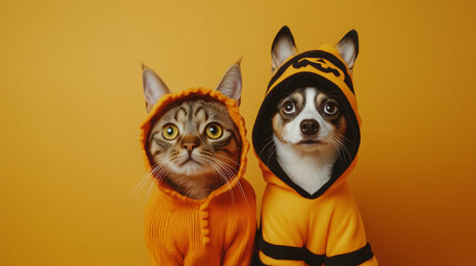Cat and Dog in Halloween Costumes Against Bright Orange Background Celebrating Friendship