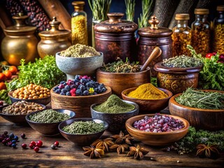 Fototapeta premium Closeup of Ancient Apothecary Pots with Herbal Ingredients for Medicine on Dark Background