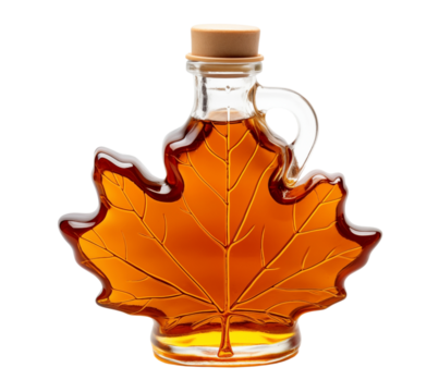 Exquisite maple syrup elegantly encased in stunning maple leaf-shaped glass bottles, embodying both beauty and the rich natural sweetness of maple.