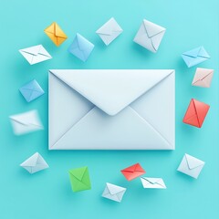 Colorful envelopes on pastel background with a large white envelope centered