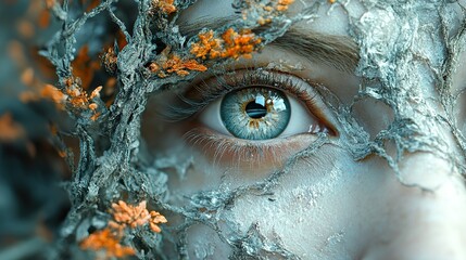 Close-up of a Blue Eye with Intricate Nature-Inspired Makeup