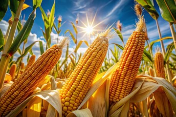 Closeup of Golden Ripe Corn on a Sunny Day with Gentle Breeze Highlighting Nature's Bounty and Harvest Season