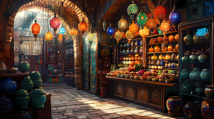 Obraz premium Traditional turkish style advertisement showcasing vibrant colors, intricate patterns, and exotic elements, turkish. Ottoman Bazaar. Illustration