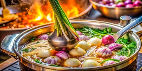 Close Up of Stirring Onion in Pot for Sukiyaki, Traditional Japanese Cuisine Preparation in Asian Restaurant Kitchen