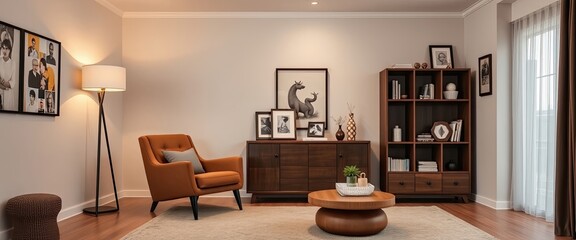 Modern retro living room with brown armchair, carpet, and bookcase. AI generate.