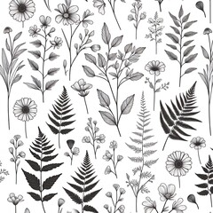 Black and white linear pattern design of leaves with flowers