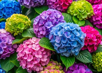Close-Up View of Vibrant Hydrangea Blooms in Various Colors for Floral Decoration and Garden Inspiration