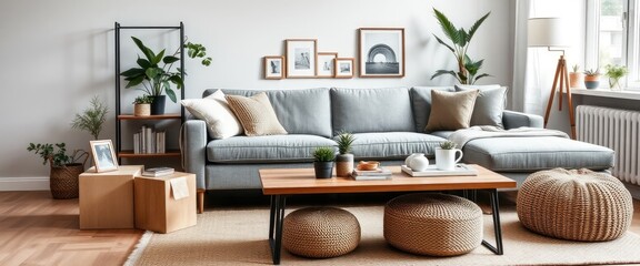 Scandinavian living room with gray sofa, coffee table, and rattan pouf. AI generate.