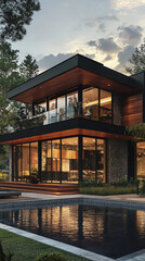 Fototapeta premium Modern house with glass facade at sunset
