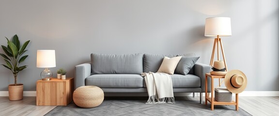 Minimalist living room with gray sofa, wooden cube, and rattan lamp. AI generate.