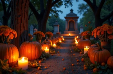 A tranquil autumn pathway adorned with pumpkins and candles in a serene cemetery at dusk