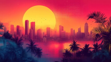 A vibrant sunset over a city skyline with palm trees and a large, stylized sun.