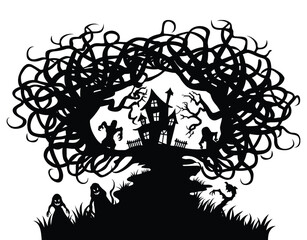 Fototapeta premium Mystical nightfall silhouetted trees and spooky manor vector EPS template