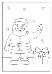 santa claus with gift box coloring page, christmas coloring page activity for kindergarten, santa claus black and white outline