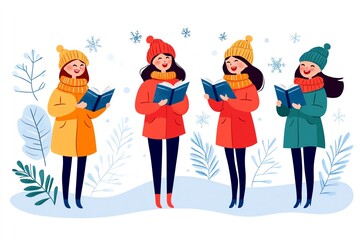 Fototapeta premium Four women joyfully reading books outdoors in winter, surrounded by snowflakes and pine branches, wearing colorful winter hats.