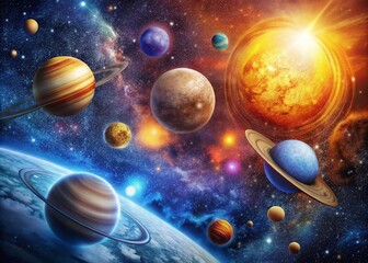Colorful Illustrations of Stars and Solar System in the Sky - Captivating Celestial Artwork for Educational and