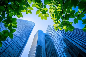 A view of modern skyscrapers framed by bright green leaves, symbolizing the integration of nature with urban architecture and sustainable development.