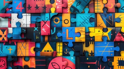 Illustrate puzzle pieces with educational symbols like numbers, letters, and shapes.
