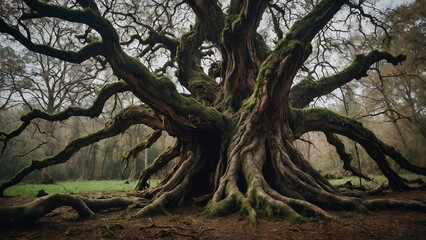 Obraz premium Large old tree with gnarled roots and twisted branches, cut out 