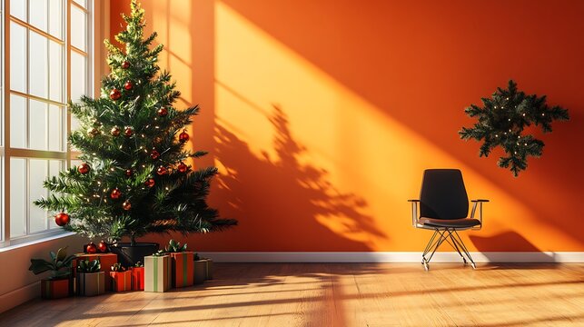 Warm-toned office setup with potted plants, festive Christmas tree, vibrant orange background, and ample space for text