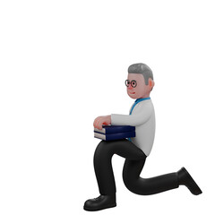 Physicist's Daily Laboratory Work in 3D. A male physicist kneels holding 2 books in his left hand. Male Cartoon