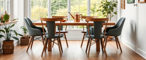 Fototapeta premium Wooden table and chairs in orangery with copper watering can. AI generate.
