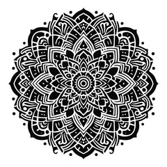 A black and white mandala design with complex patterns and balanced symmetry, creating a visually captivating image.