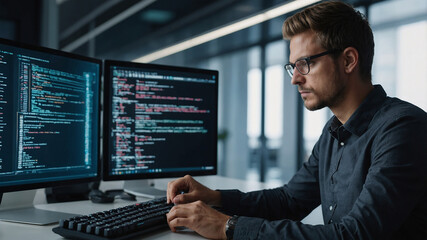 Fototapeta premium a software engineer working on a futuristic computer writing a code in modern office environment 