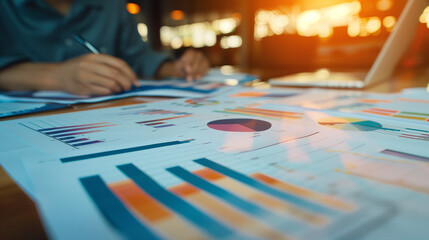 Focused businessman at desk with financial documents and laptop displaying earnings reports, conveying determination and attention to financial data analysis.