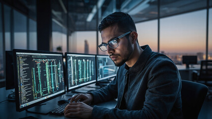 Fototapeta premium a software engineer working on a futuristic computer writing a code in modern office environment 