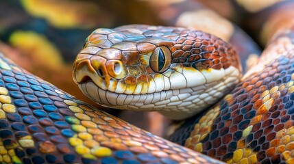 Fototapeta premium Close-up of a Vibrant Multicolored Snake with Intricate Scales. colorful reptile, exotic animal, dangerous tropical wildlife, reptile texture.