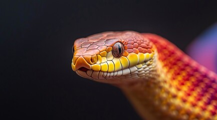 Close-up of a Vibrant Multicolored Snake with Intricate Scales. colorful reptile, exotic animal, dangerous tropical wildlife, reptile texture.
