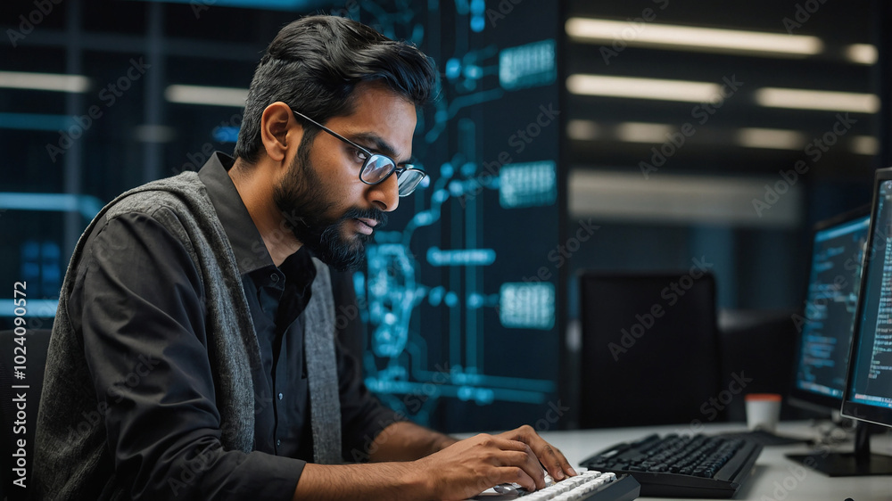 Wall mural an indian software engineer working on a futuristic computer writing a code in modern office environ