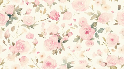 Obraz premium Elegant Seamless Pattern of Watercolor Pink Roses and Green Leaves on Light Background for Floral Design Projects