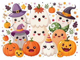 Obraz premium Cute Ghosts in Halloween Costumes: Flat Vector Illustration for Trick or Treat Cards and Decorations