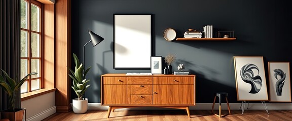 Artist workspace with teak commode, poster frame, and accessories. AI generate.