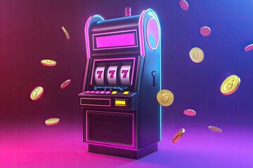 Colorful neon slot machine with coins, isolated on a vibrant gradient background.