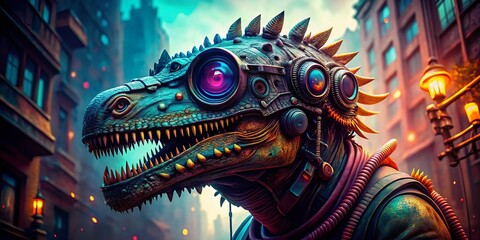 Cyberpunk Tyrannosaurus Rex with Goggles and Spiked Shoulder Pads: A Futuristic Dinosaur Adventure in a Dystopian World