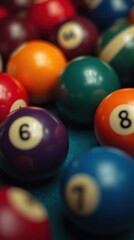 Top view of colorful pool balls on a billiard table