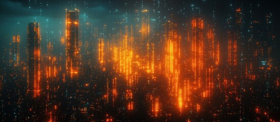 Abstract futuristic cityscape with glowing towers and digital rain.
