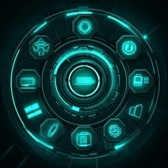 Futuristic digital interface with glowing icons and circular design elements