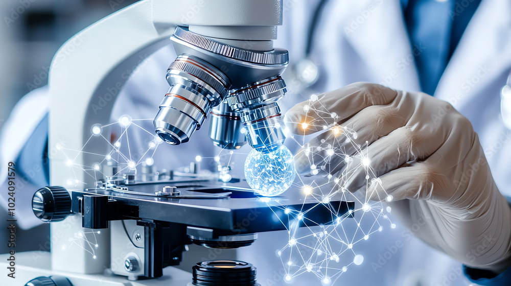 Poster scientist using microscope for research and discovery in laboratory setting.
