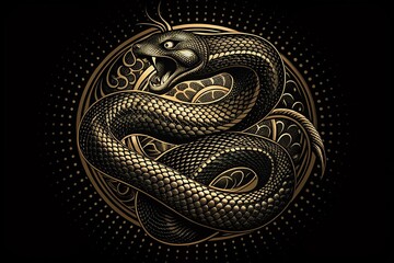 Fototapeta premium Dark silhouette of a venomous serpent, intricately engraved, creates a striking focal point in low light photography, highlighting the occult vibe