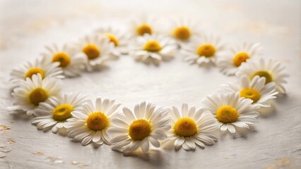 Obraz premium Delicate daisy petals arranged in a circular pattern on a softly lit surface, captured through tilt-shift photography, creating a serene and dreamy