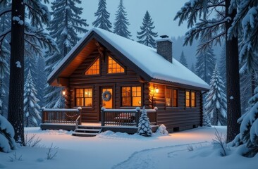 A cozy wooden cabin surrounded by snow-covered pine trees at dusk in a serene winter landscape