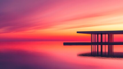 Modern Architecture Reflecting in Pink Sunset Over Calm Water