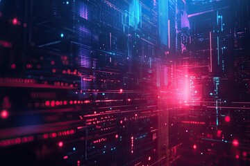 Fototapeta premium Abstract digital landscape with vibrant lights and glowing effects, showcasing modern technology and futuristic concepts.