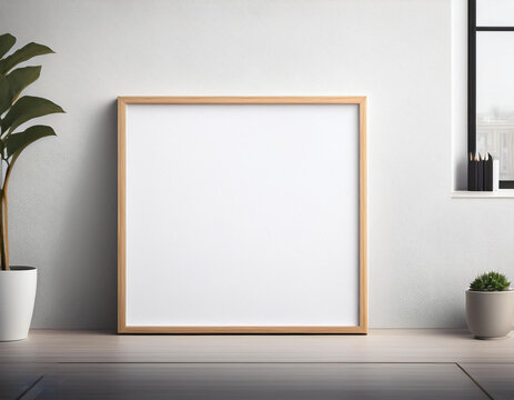 blank wooden frame hang in the wall mockup