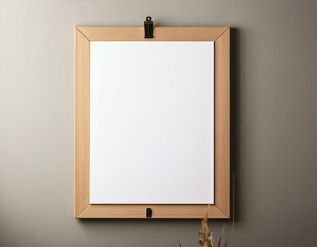 blank wooden frame hang in the wall mockup