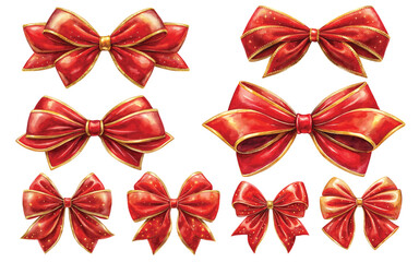 watercolor  shiny red velvet Christmas bow adorned with glittering golden edges